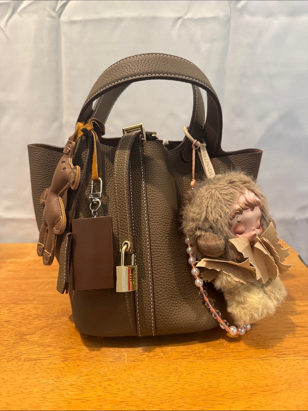 Brown Leather Tote Handbag with Charm